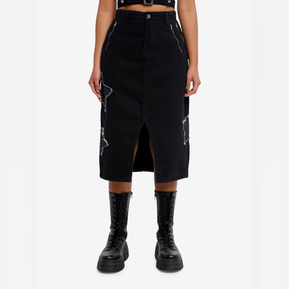 NWT Daisy Street by Hot Topic Star Patchwork Midi Denim Skirt in Black.Size M - Picture 2 of 15
